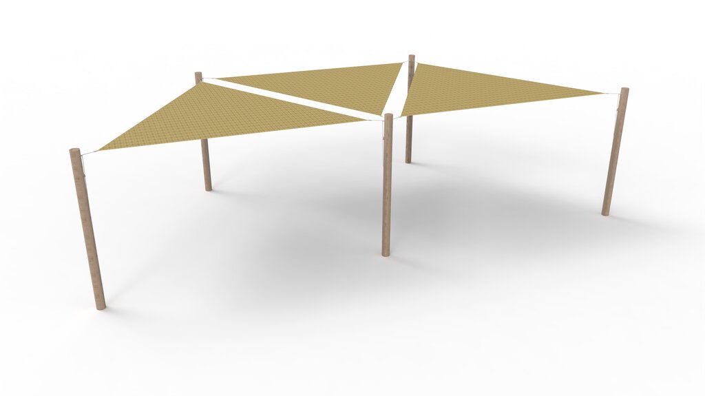 HDPE-Sonnensegel-System 3 Segel (3.6x3.6x3.6 m) + 5 Pfosten Ansicht 2