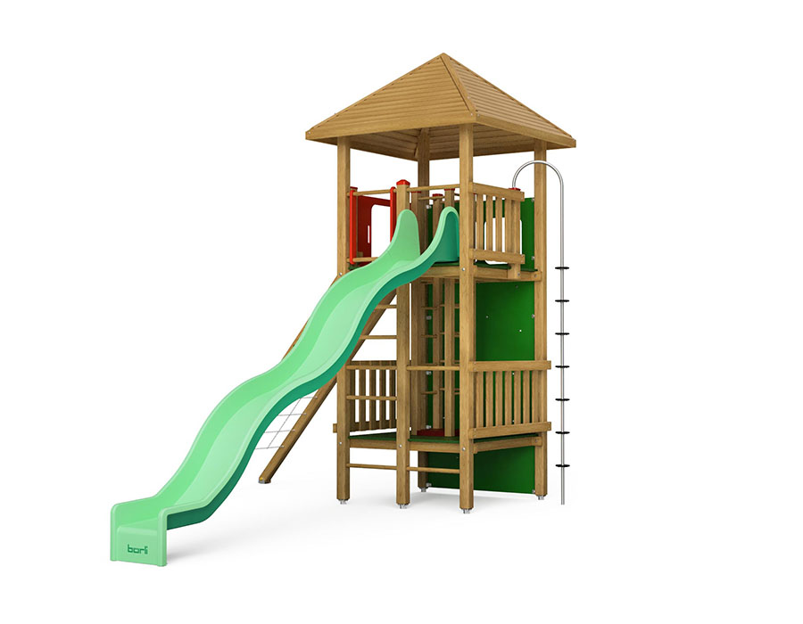 Spielturm-Kombination Kantholz, Podesthöhen 70/245 cm, Pyramidendach, Wellenrutsche Ansicht 2