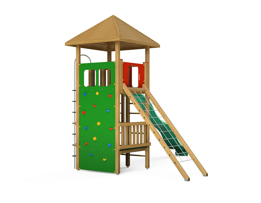 Spielturm-Kombination Kantholz, Podesthöhen 70/245 cm, Pyramidendach, Wellenrutsche Ansicht 3