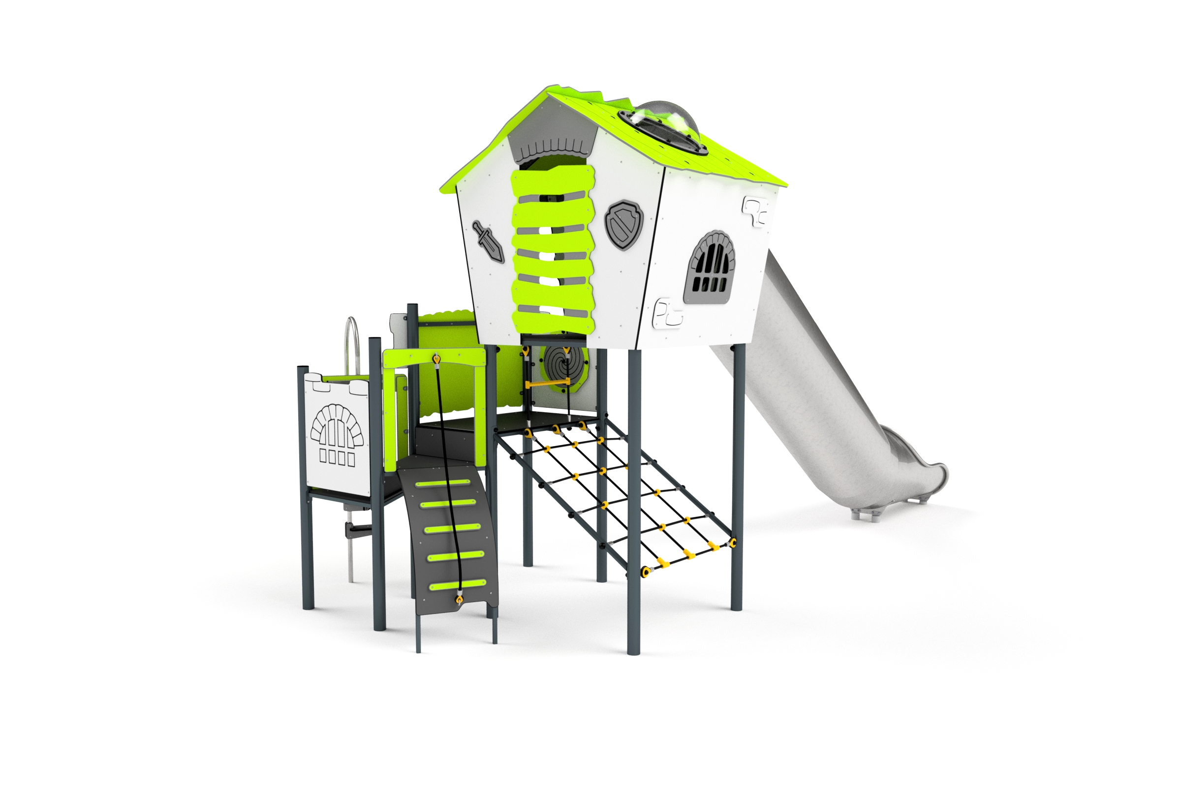 11087 Spielhaus mit Rutsche, Netzen, Kletterwand, Feuerwehrstange und Spielwand Ansicht 2