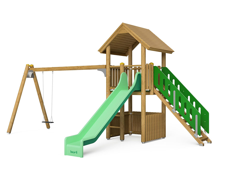 Spielturm-Kombination Rundholz, Podesthöhe 150 cm, Satteldach, Rutsche, mit Schaukel und Aufstiegstreppe Ansicht 2