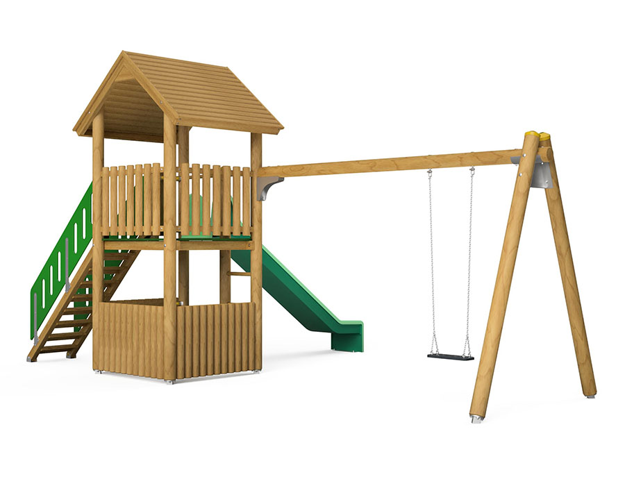 Spielturm-Kombination Rundholz, Podesthöhe 150 cm, Satteldach, Rutsche, mit Schaukel und Aufstiegstreppe Ansicht 3