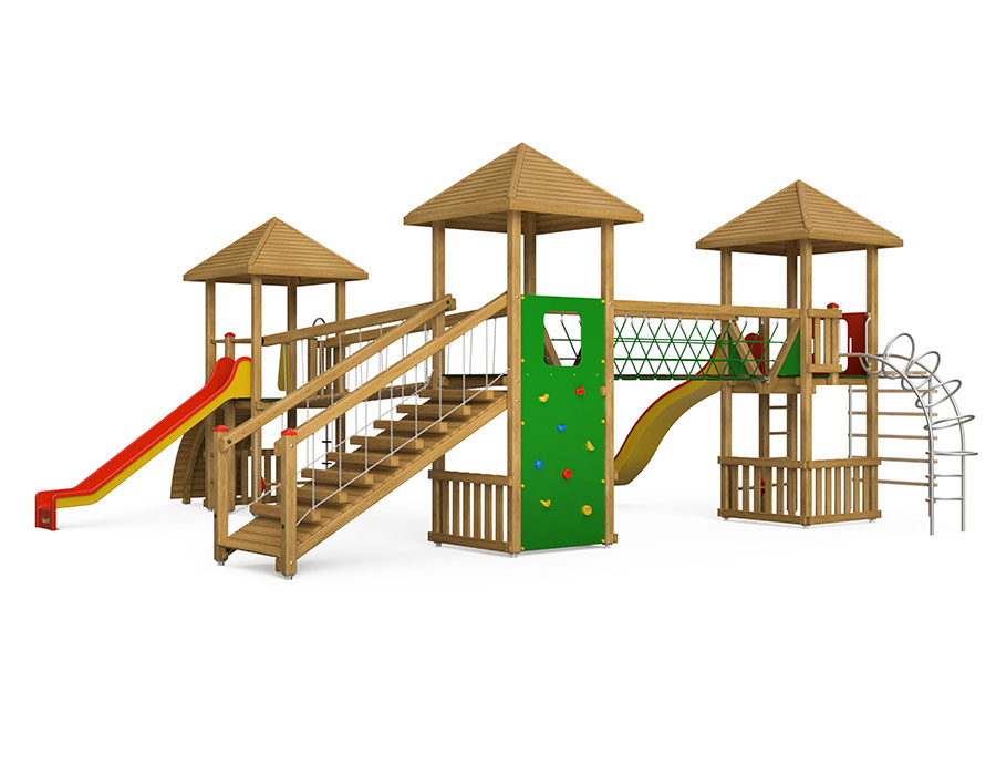 Spielturm-Kombination Kantholz, Podesthöhen 150/180 cm, Pyramidendächer, 2 Rutschen Ansicht 3
