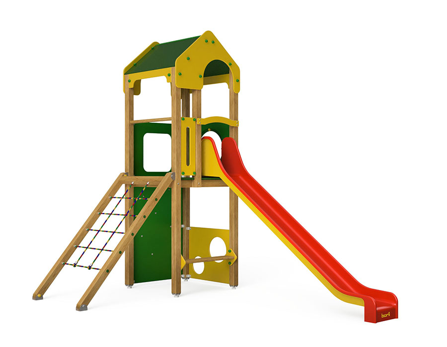 Spielturm-Kombination Crea-Play, Podesthöhe 150 cm, Satteldach, Rutsche Ansicht 2