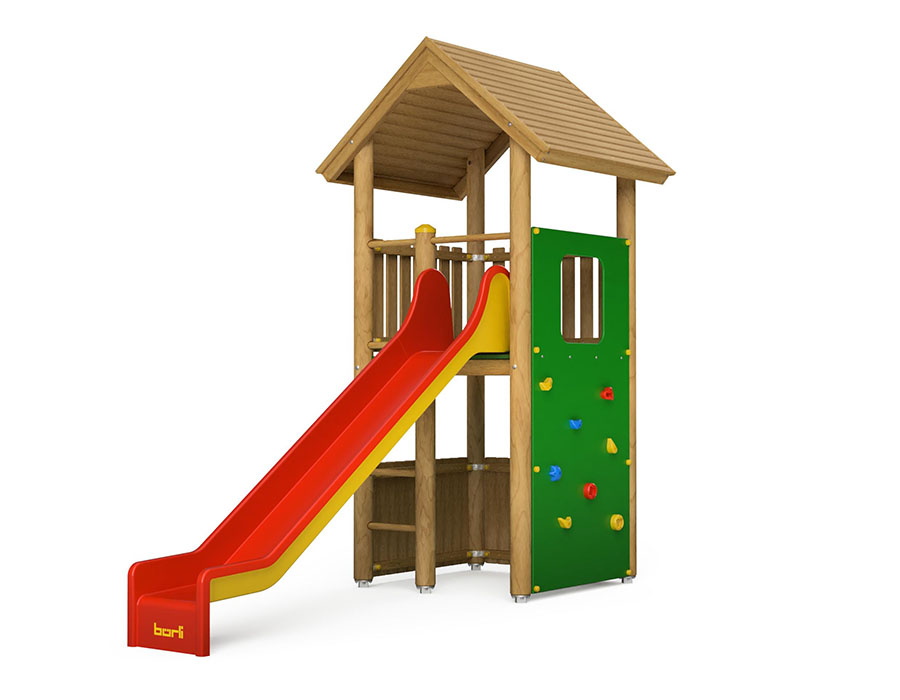 Spielturm-Kombination Rundholz, Podesthöhe 150 cm, Satteldach, Rutsche, mit Bergsteigerwand Ansicht 2