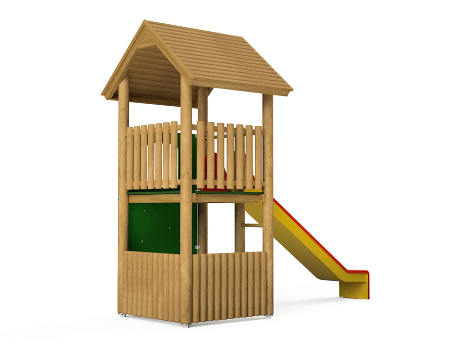 Spielturm-Kombination Rundholz, Podesthöhe 150 cm, Satteldach, Rutsche, mit Bergsteigerwand Ansicht 3