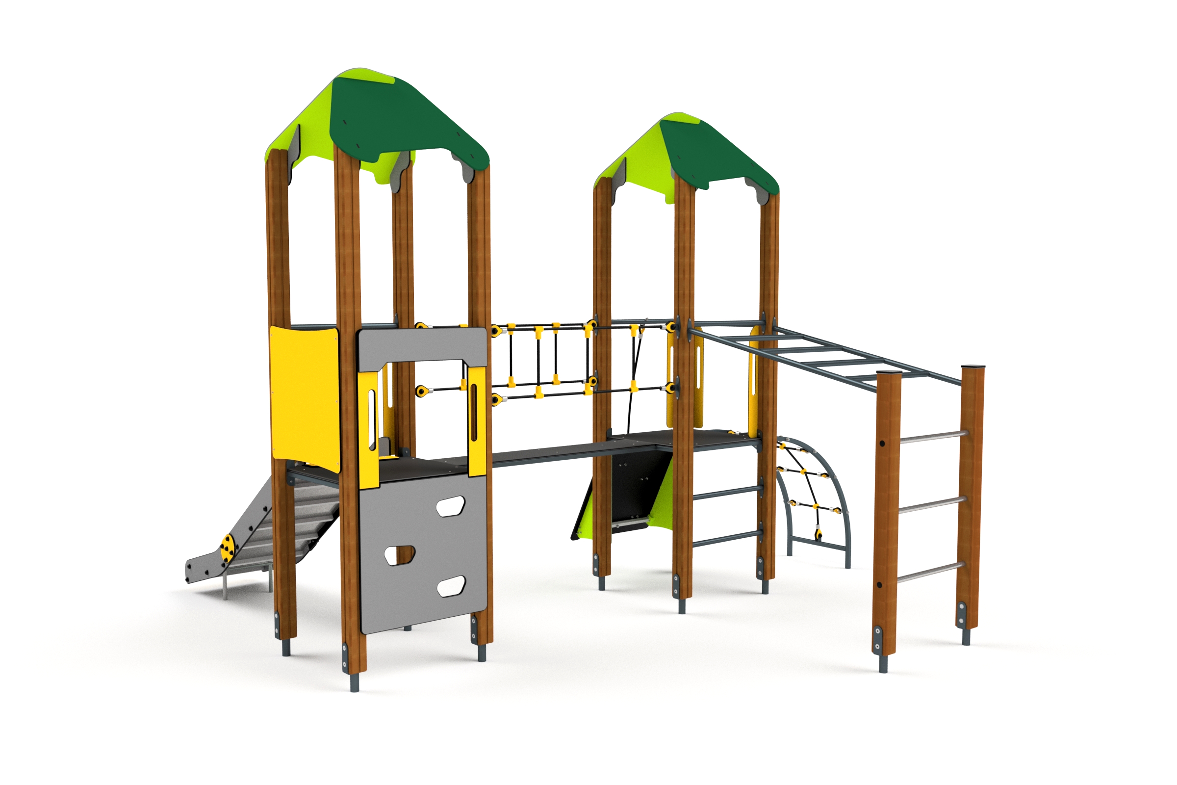 10021 Doppelturmanlage mit Hangelstrecke, Brücke, kleiner Kletterwand und Rutschbahn Ansicht 3