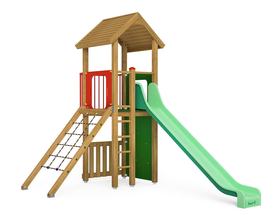 Spielturm-Kombination Eco, Podesthöhe 150 cm, Satteldach, Rutsche, mit Bergsteigerwand und Kletternetz Ansicht 2