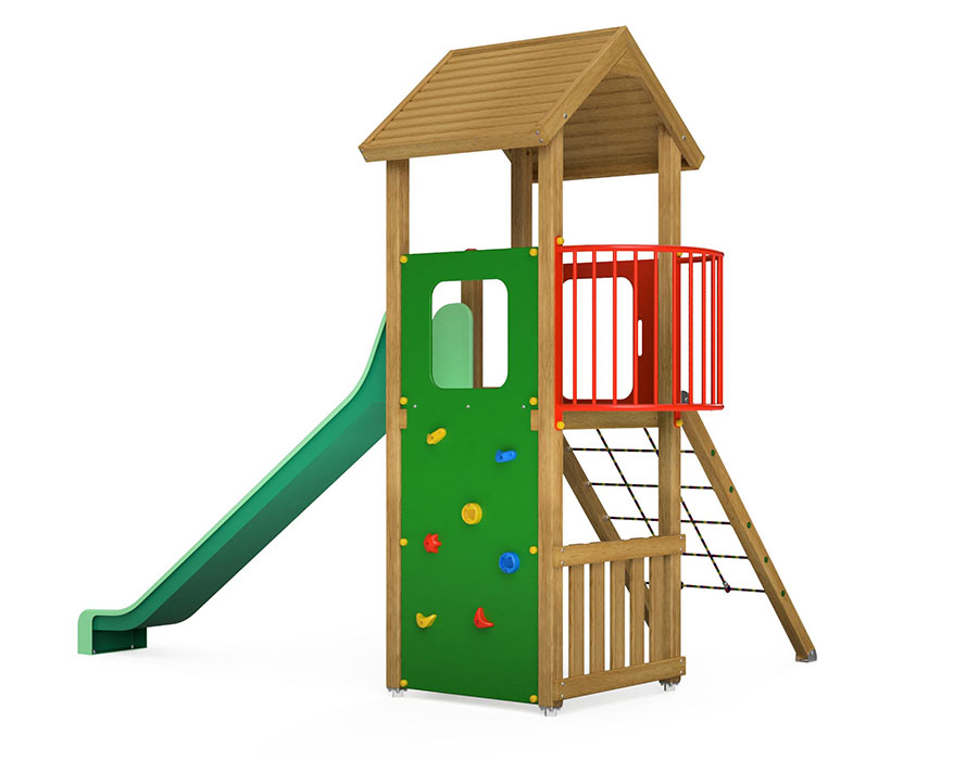 Spielturm-Kombination Eco, Podesthöhe 150 cm, Satteldach, Rutsche, mit Bergsteigerwand und Kletternetz Ansicht 3