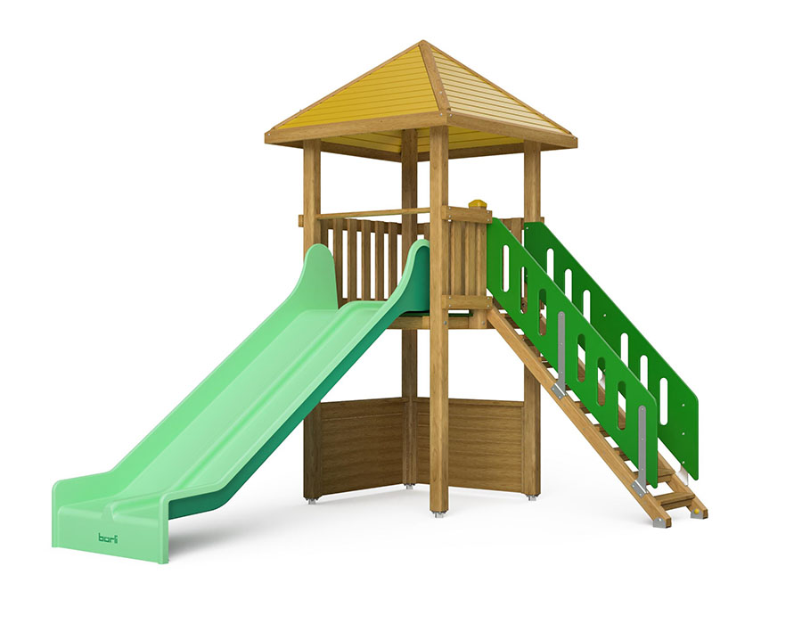 Spielturm-Kombination Kantholz, Podesthöhe 150 cm, Pyramidendach, Doppelrutsche Ansicht 2