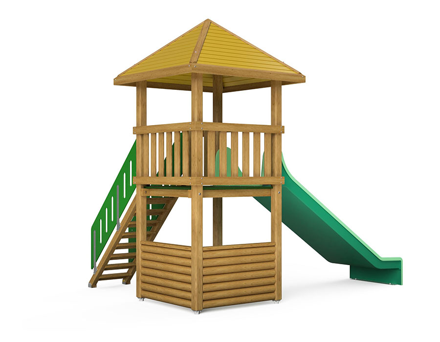 Spielturm-Kombination Kantholz, Podesthöhe 150 cm, Pyramidendach, Doppelrutsche Ansicht 3