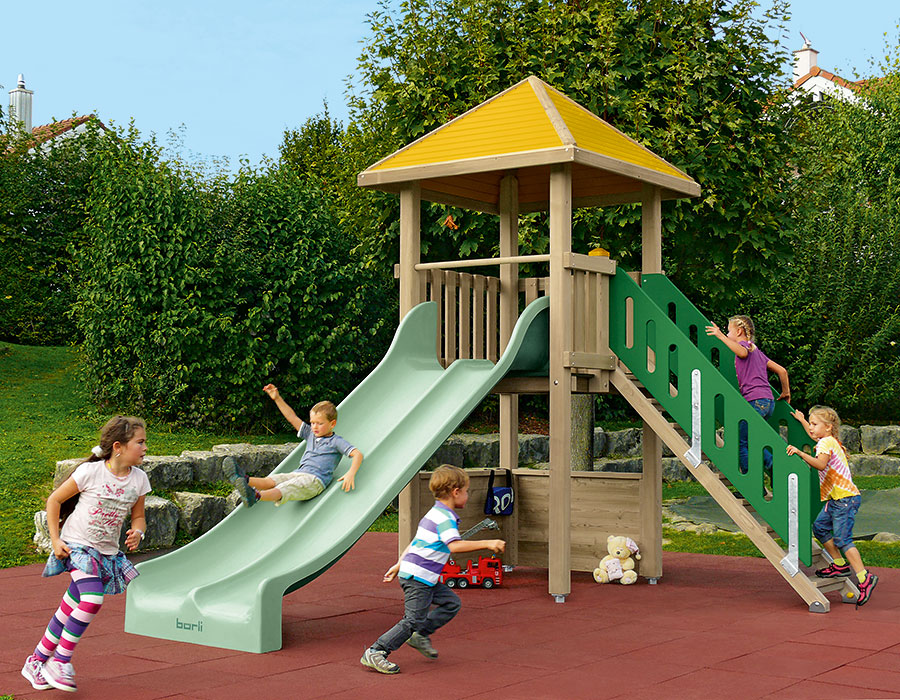 Spielturm-Kombination Kantholz, Podesthöhe 150 cm, Pyramidendach, Doppelrutsche Ansicht 4