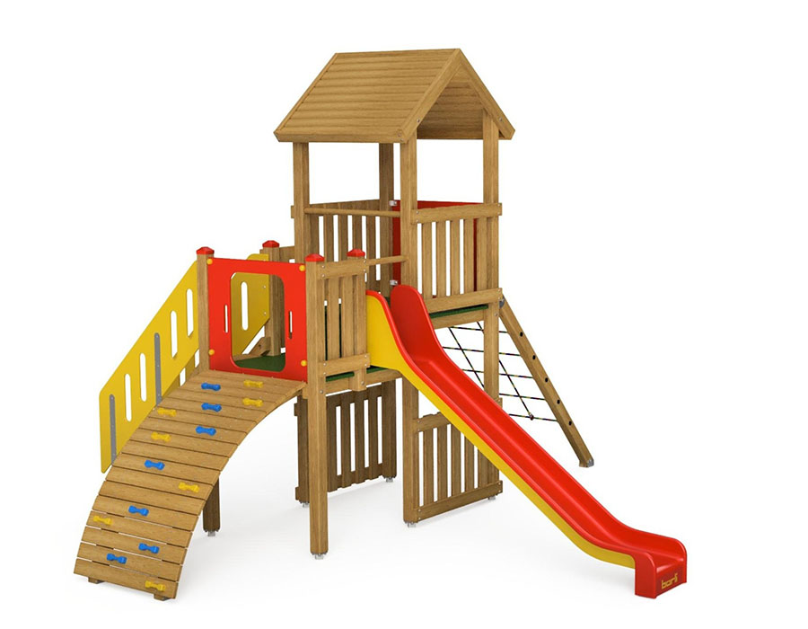 Spielturm-Kombination Eco, Podesthöhen 120/150 cm, Satteldach, Rutsche, mit Aufstiegstreppe Ansicht 2