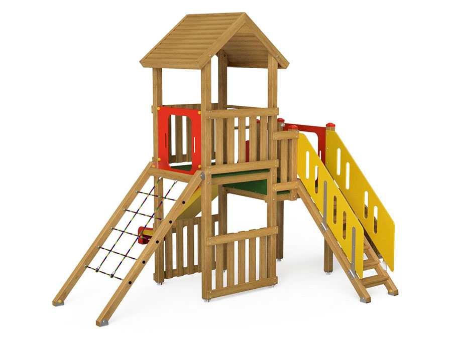 Spielturm-Kombination Eco, Podesthöhen 120/150 cm, Satteldach, Rutsche, mit Aufstiegstreppe Ansicht 3