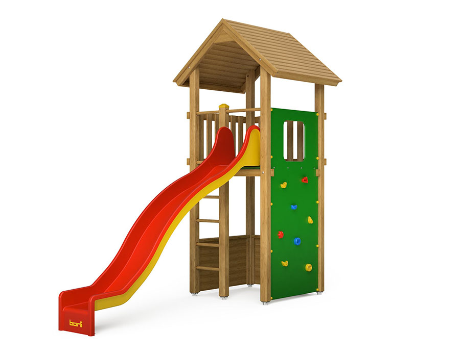 Spielturm-Kombination Kantholz, Podesthöhe 180 cm, Satteldach, Wellenrutsche, mit Bergsteigerwand Ansicht 2