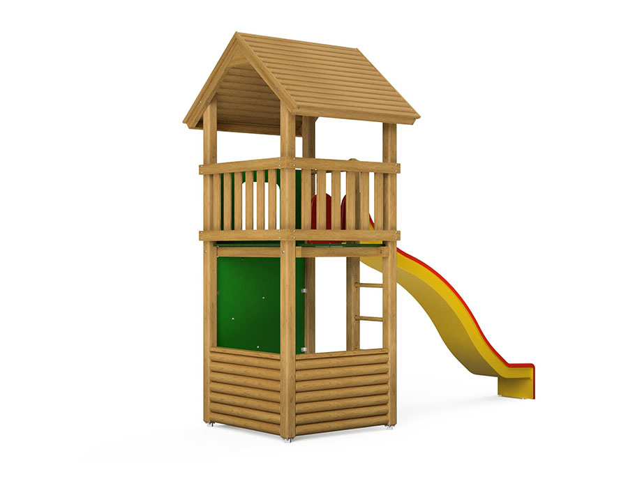 Spielturm-Kombination Kantholz, Podesthöhe 180 cm, Satteldach, Wellenrutsche, mit Bergsteigerwand Ansicht 3