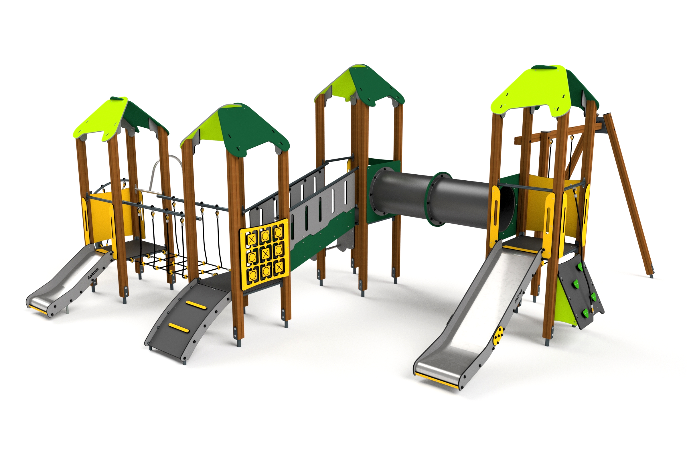 10034 4-Türme mit Netzen Spielwänden, Rutschen, Balancierweg und Tunnel Ansicht 2