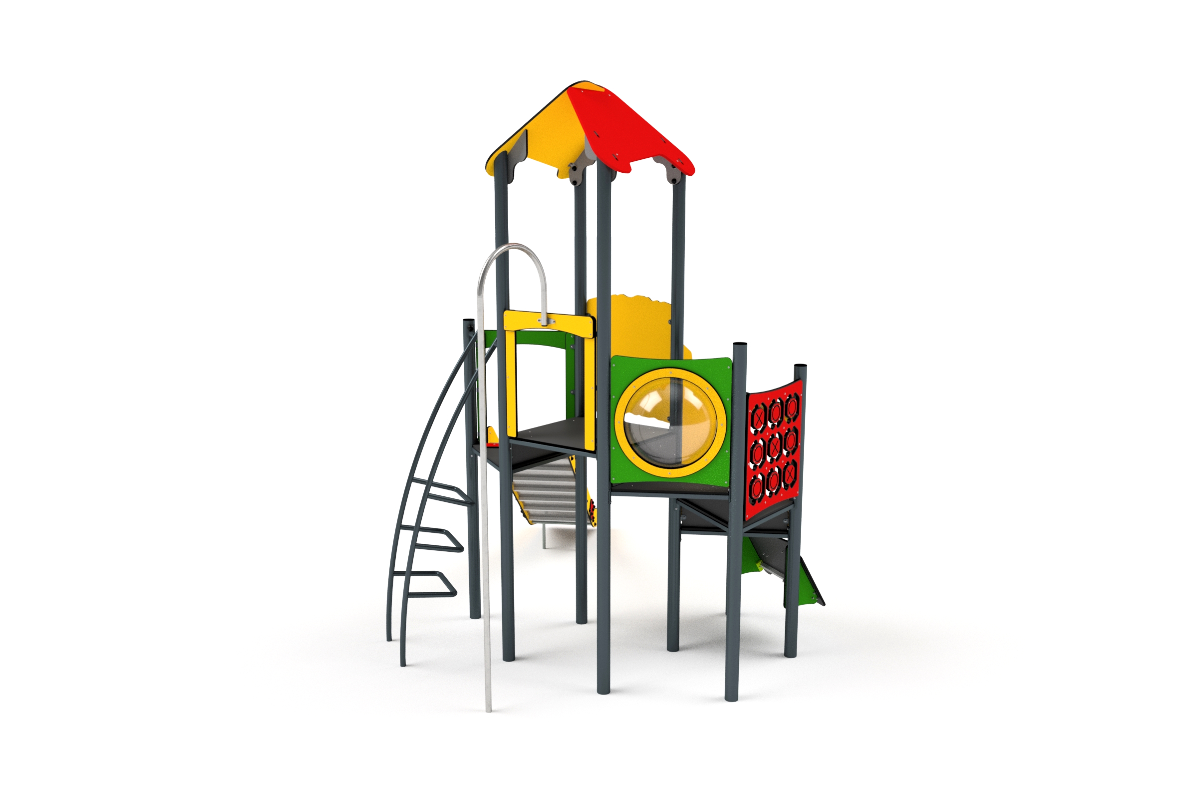 11073 Turm mit Feuerwehrstange, Rutsche, Sprossenleiter, Kletterwand und Spielwand Ansicht 5