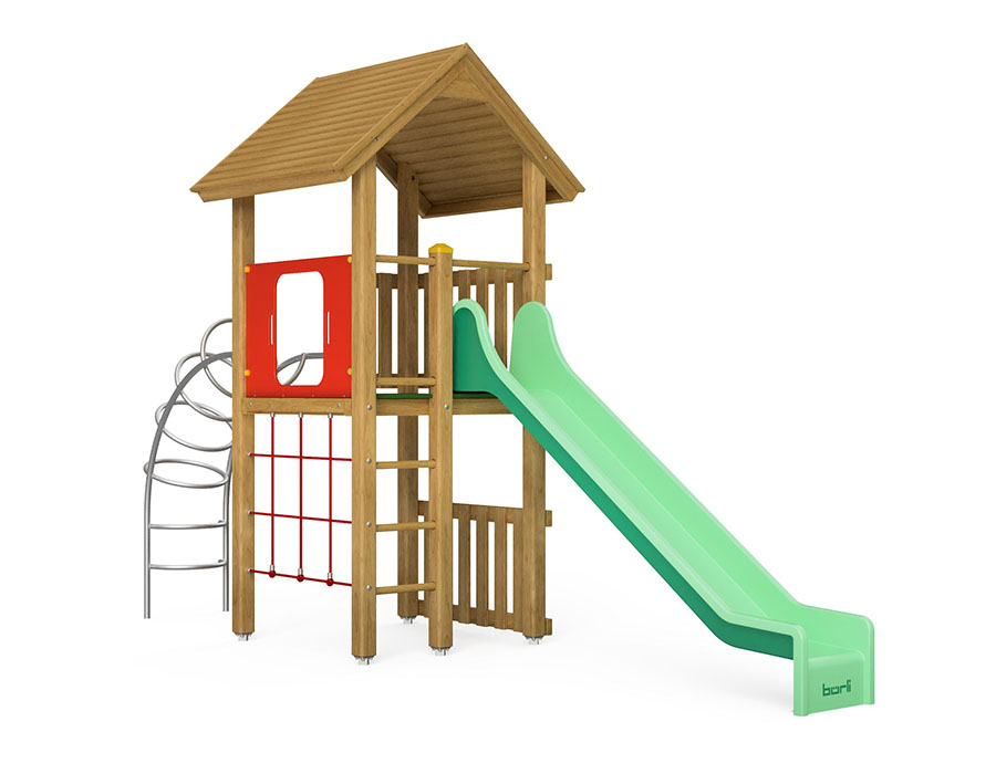 Spielturm-Kombination Kantholz, Podesthöhe 150 cm, Satteldach, Rutsche, mit Vertikalnetz Ansicht 2