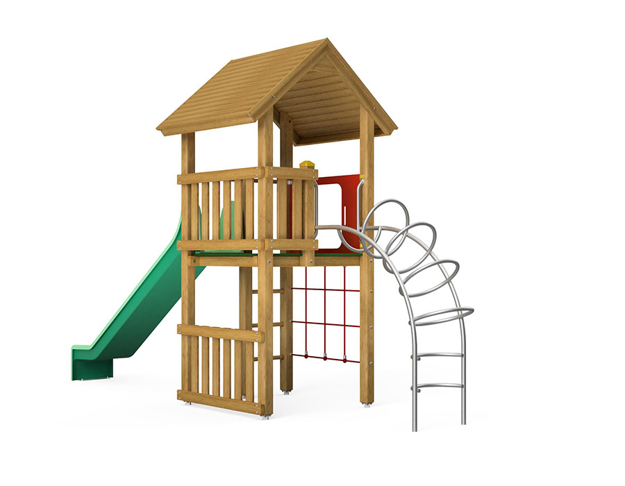 Spielturm-Kombination Kantholz, Podesthöhe 150 cm, Satteldach, Rutsche, mit Vertikalnetz Ansicht 3