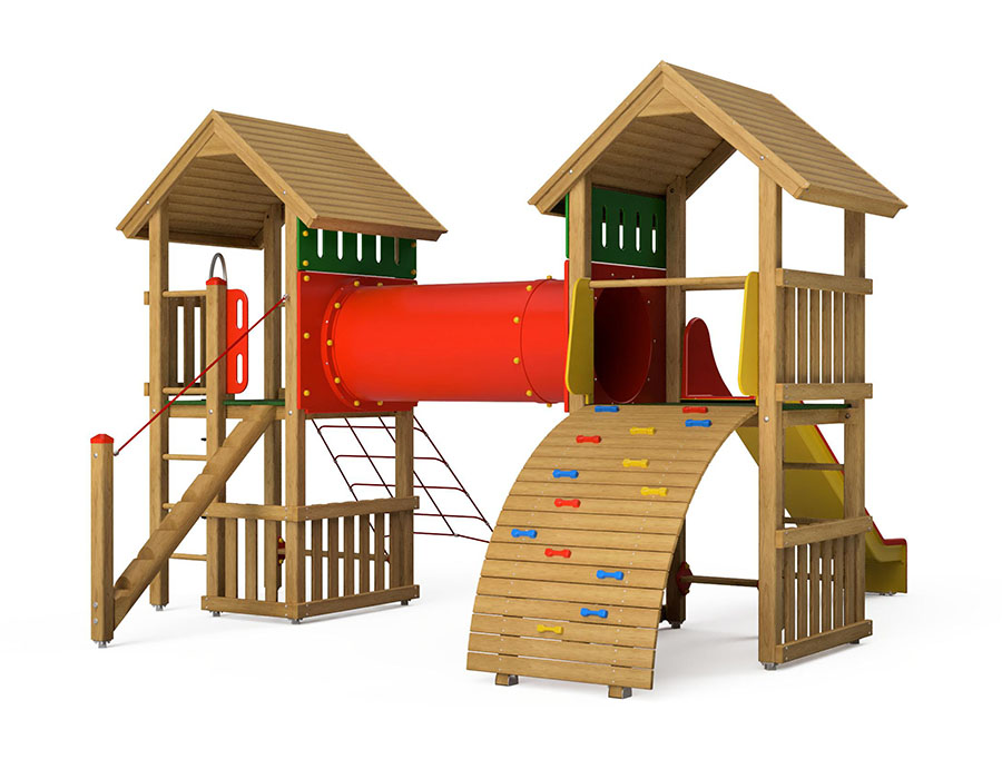 Spielturm-Kombination Kantholz, Podesthöhen 150 cm, Satteldächer, Rutsche Ansicht 2