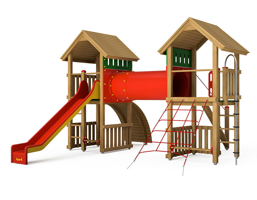 Spielturm-Kombination Kantholz, Podesthöhen 150 cm, Satteldächer, Rutsche Ansicht 3
