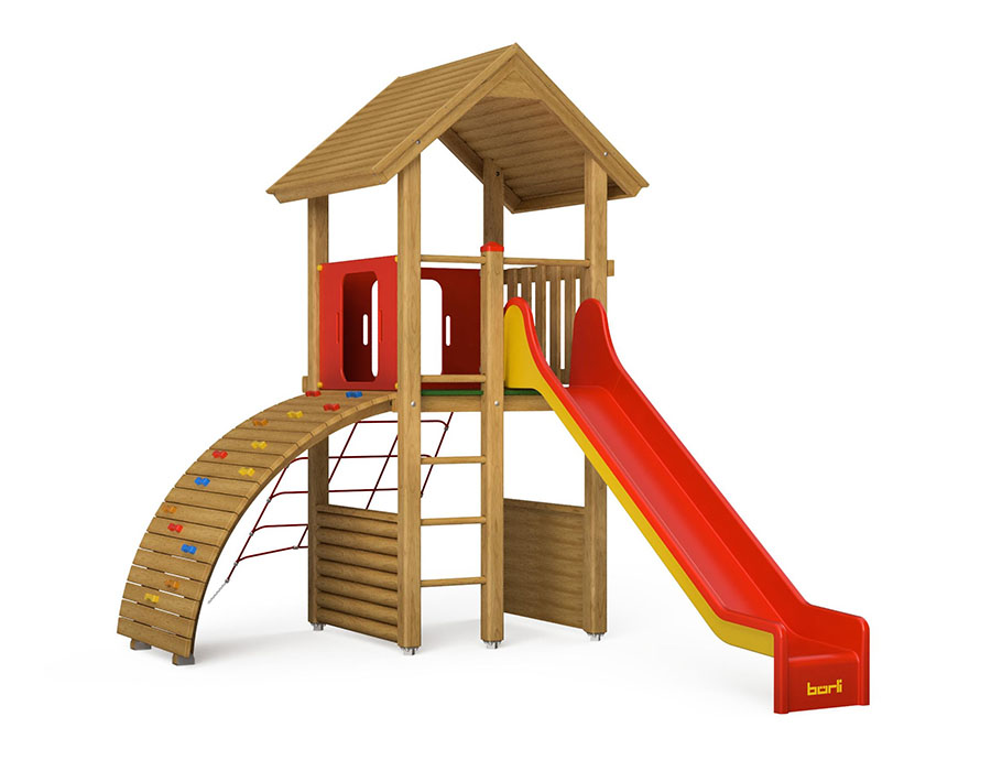Spielturm-Kombination Kantholz, Podesthöhe 150 cm, Satteldach, Rutsche, mit Kletternetz Ansicht 2