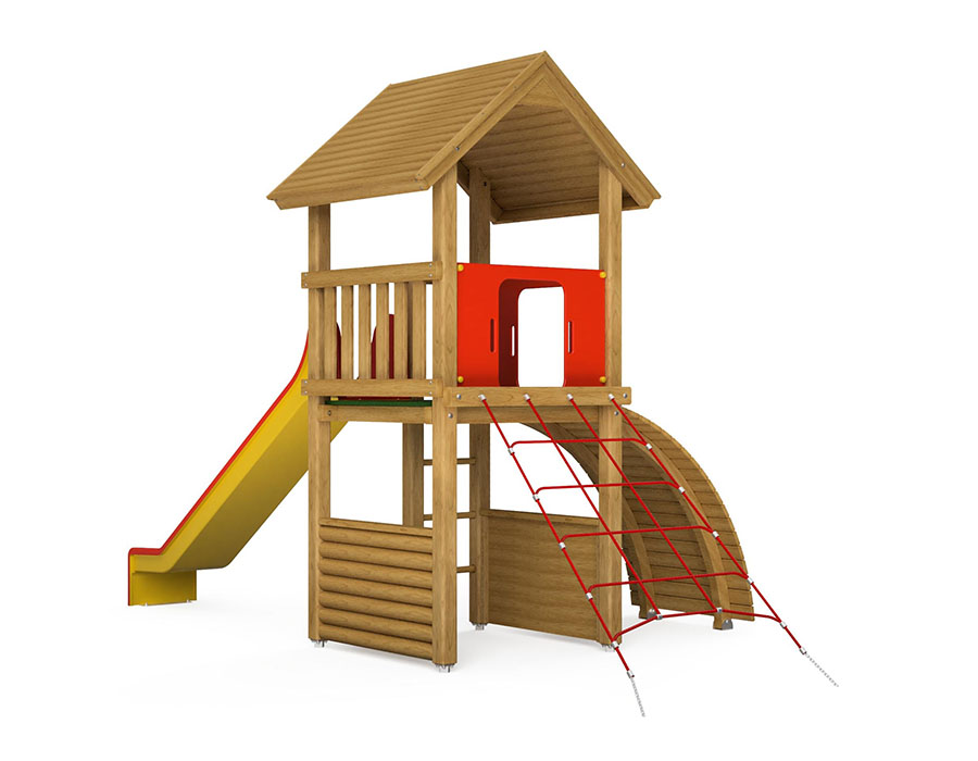 Spielturm-Kombination Kantholz, Podesthöhe 150 cm, Satteldach, Rutsche, mit Kletternetz Ansicht 3