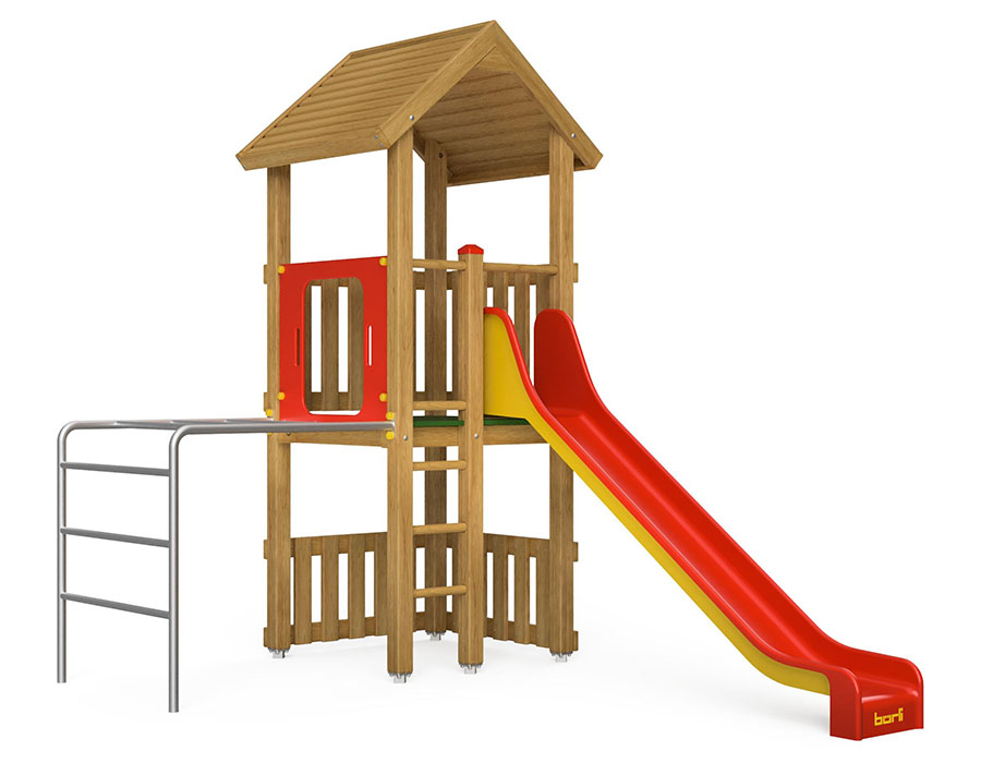Spielturm-Kombination Eco, Podesthöhe 120 cm, Satteldach, Rutsche, mit Metall-Hangelleiter Ansicht 2