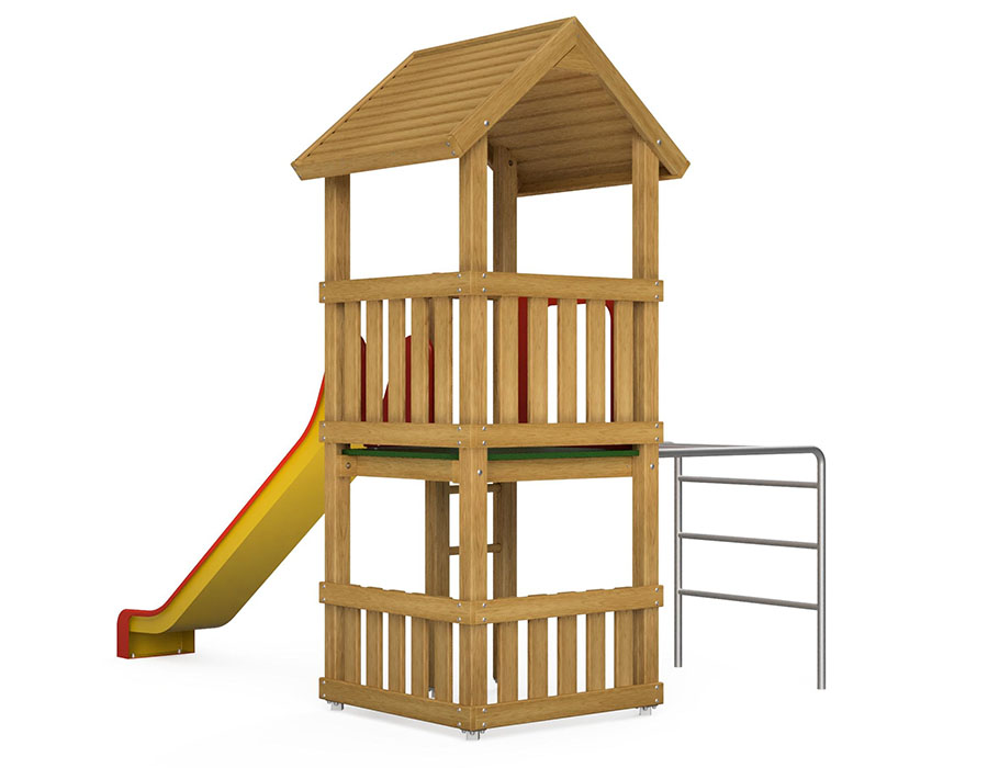 Spielturm-Kombination Eco, Podesthöhe 120 cm, Satteldach, Rutsche, mit Metall-Hangelleiter Ansicht 3