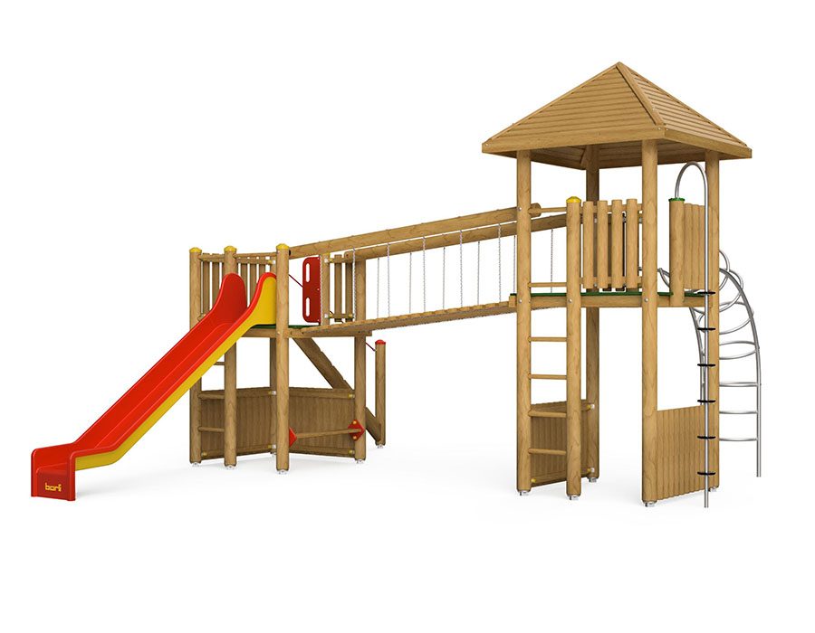 Spielturm-Kombination Rundholz, Podesthöhen 150/180 cm, Pyramidendach, Rutsche Ansicht 3