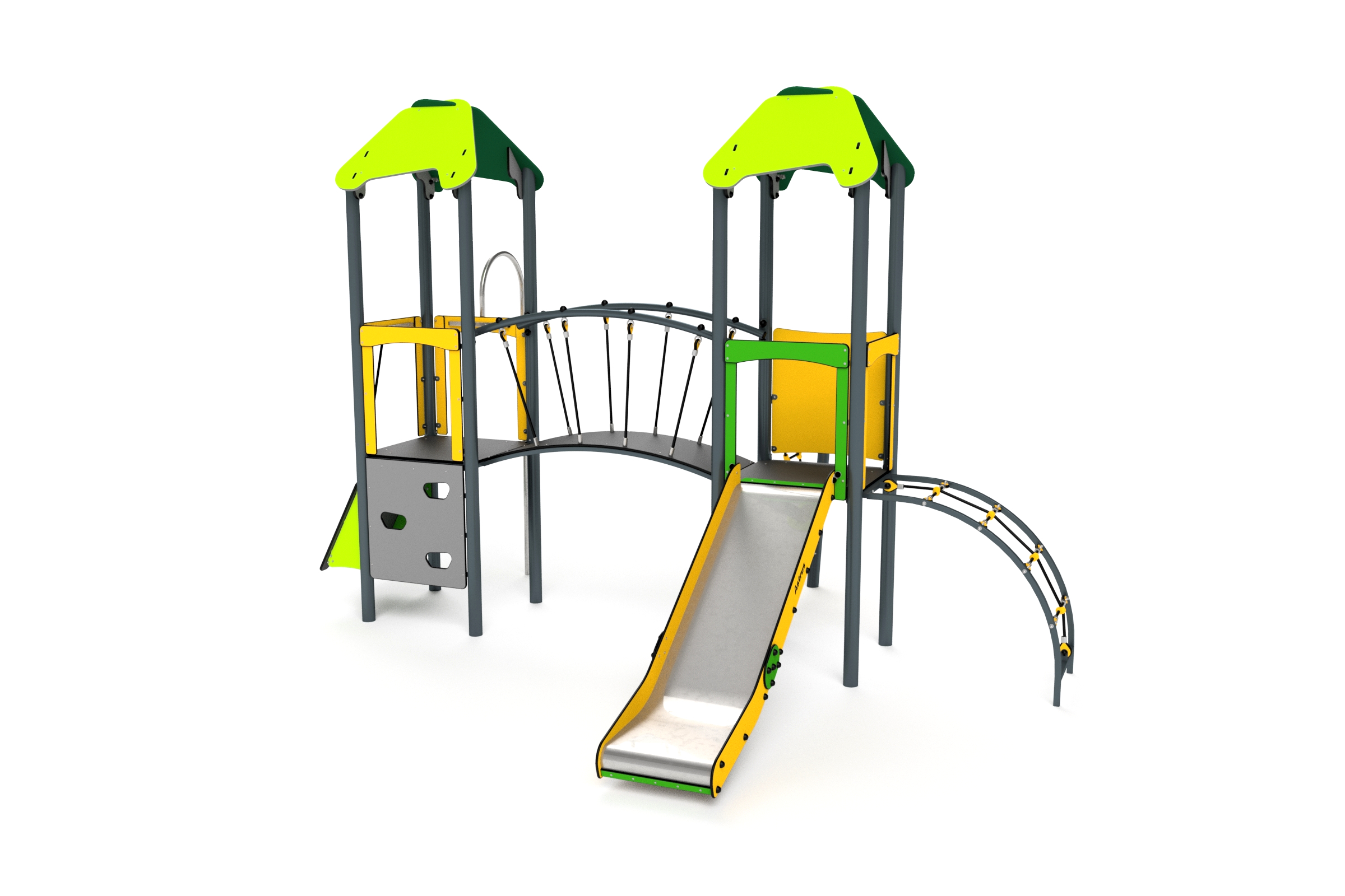 11019 Doppelturm mit Brücke Rutsche Kletterwand und Feuerwehrstange Ansicht 2
