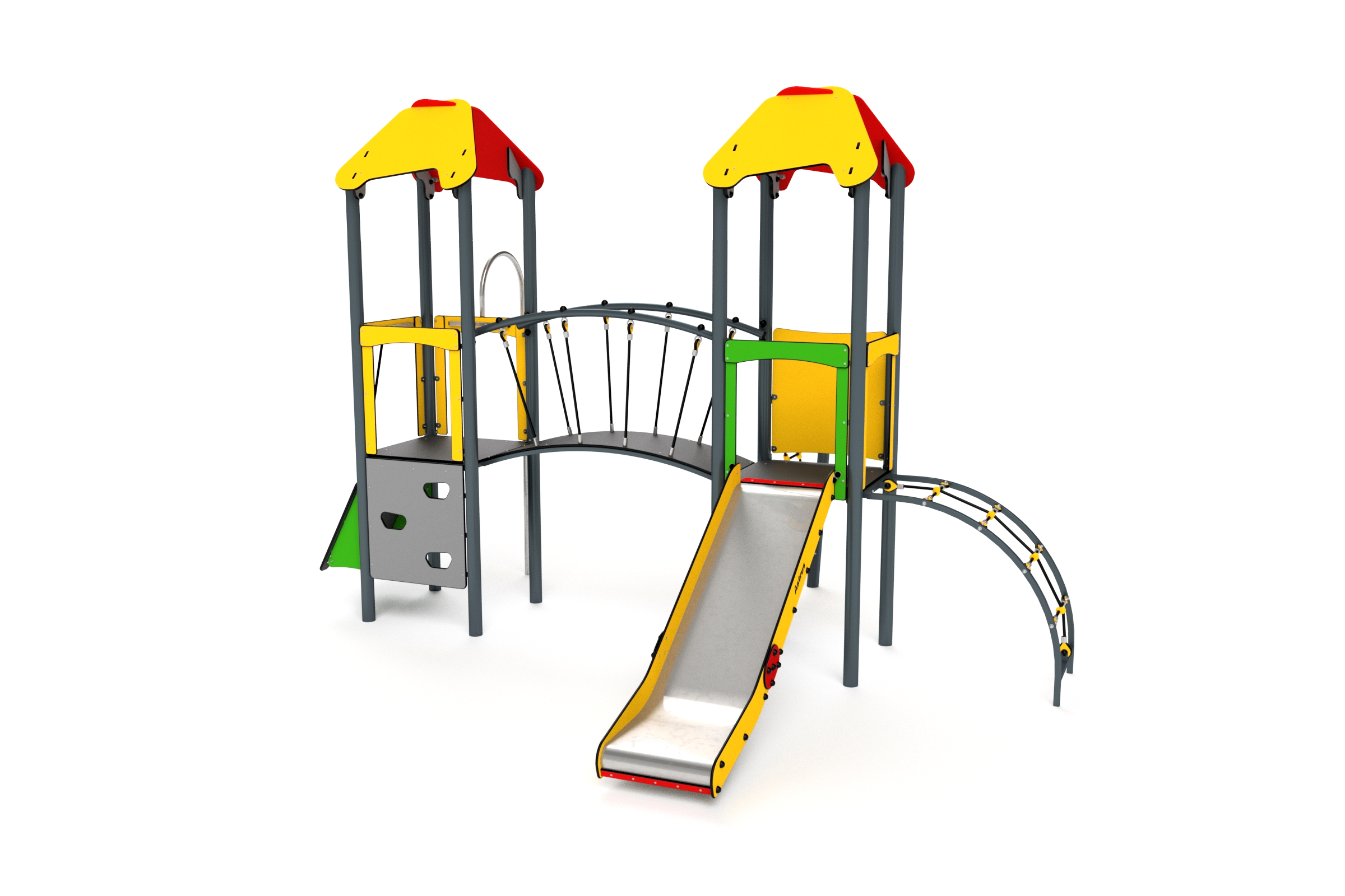 11019 Doppelturm mit Brücke Rutsche Kletterwand und Feuerwehrstange Ansicht 4