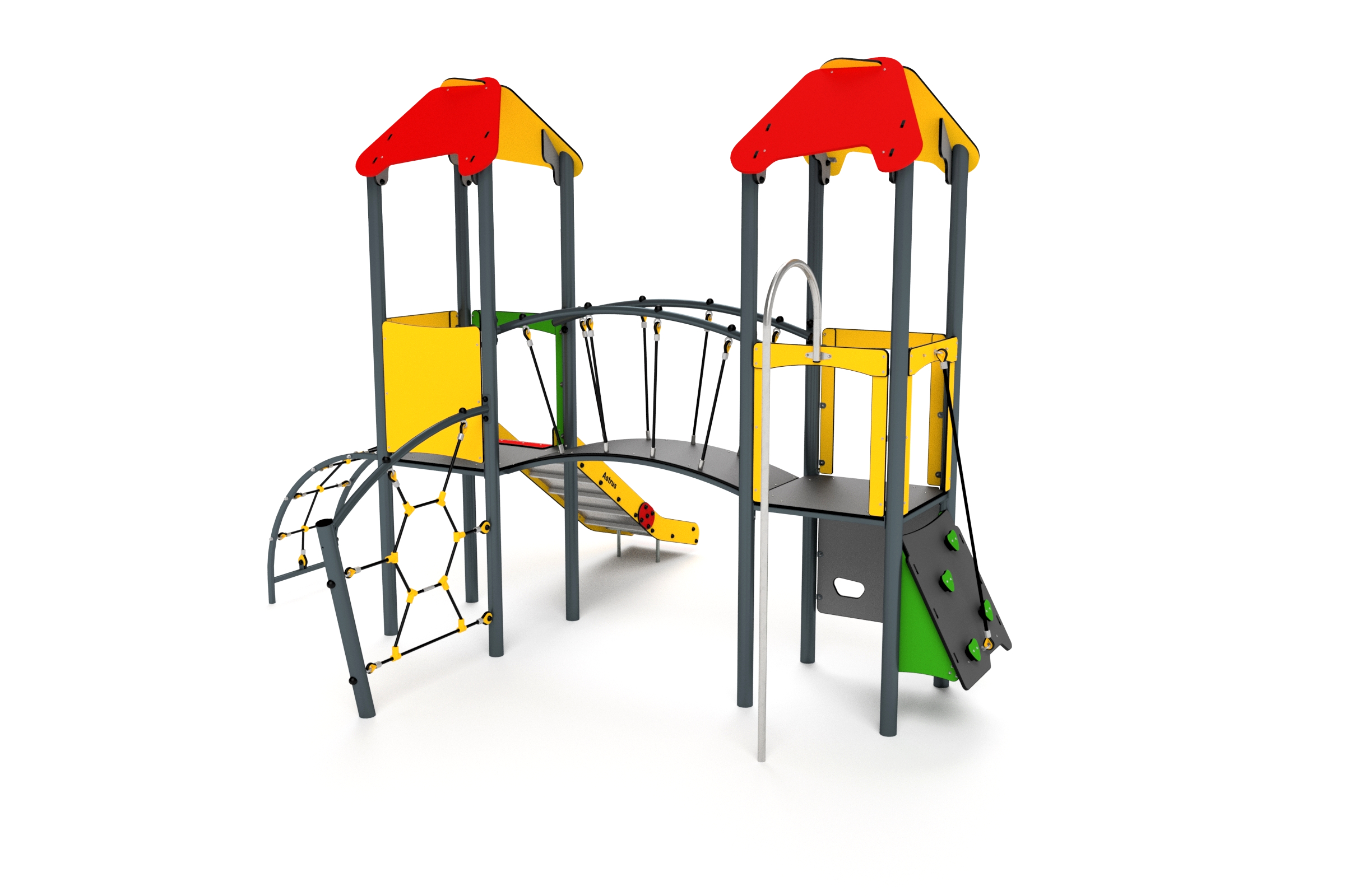 11019 Doppelturm  mit Brücke Rutsche Kletterwand und Feuerwehrstange Ansicht 5