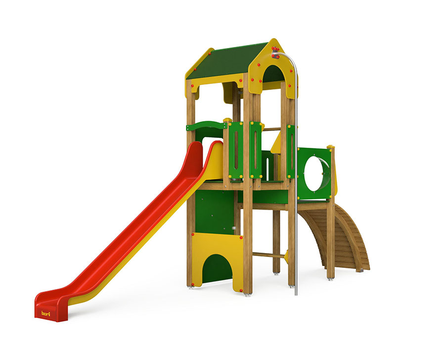 Spielturm-Kombination Crea-Play, Podesthöhen 120/150 cm, Satteldach, Rutsche, mit Feuerwehrstange Ansicht 2
