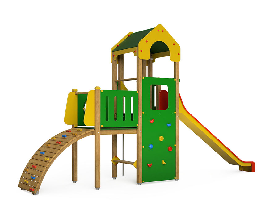 Spielturm-Kombination Crea-Play, Podesthöhen 120/150 cm, Satteldach, Rutsche, mit Feuerwehrstange Ansicht 3