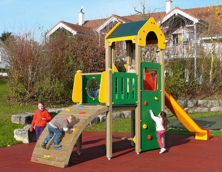 Spielturm-Kombination Crea-Play, Podesthöhen 120/150 cm, Satteldach, Rutsche, mit Feuerwehrstange Ansicht 4