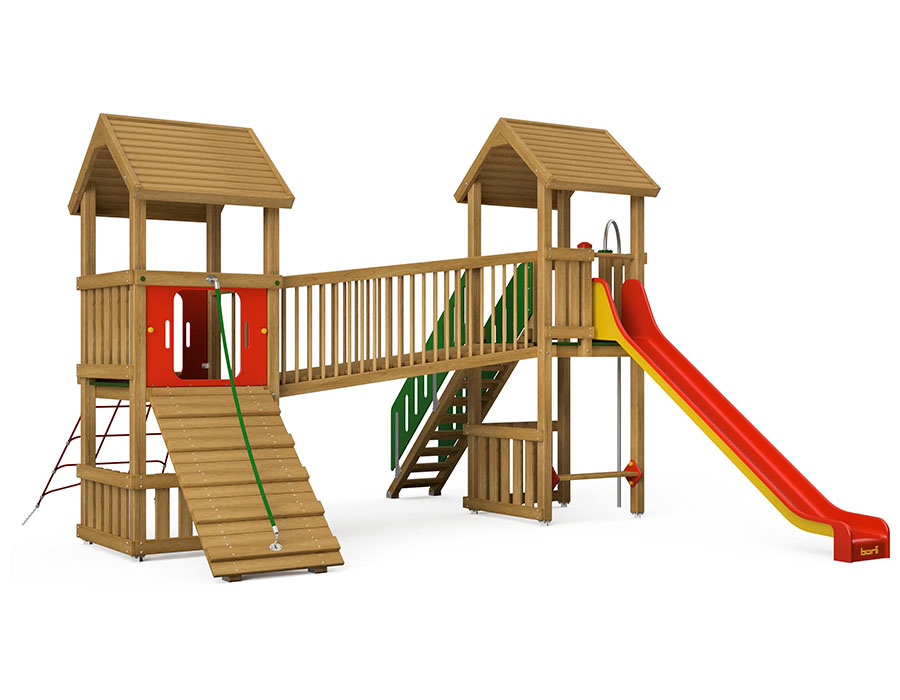 Spielturm-Kombination Eco, Podesthöhen 120/150 cm, Satteldächer, Rutsche, mit Verbindungsbrücke und Feuerwehrstange Ansicht 2