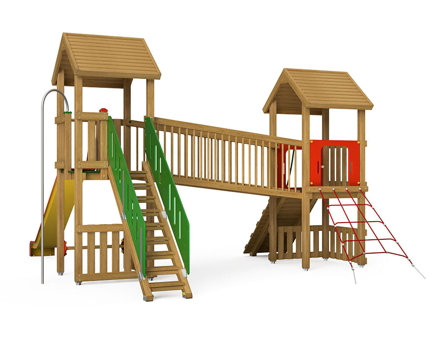 Spielturm-Kombination Eco, Podesthöhen 120/150 cm, Satteldächer, Rutsche, mit Verbindungsbrücke und Feuerwehrstange Ansicht 3