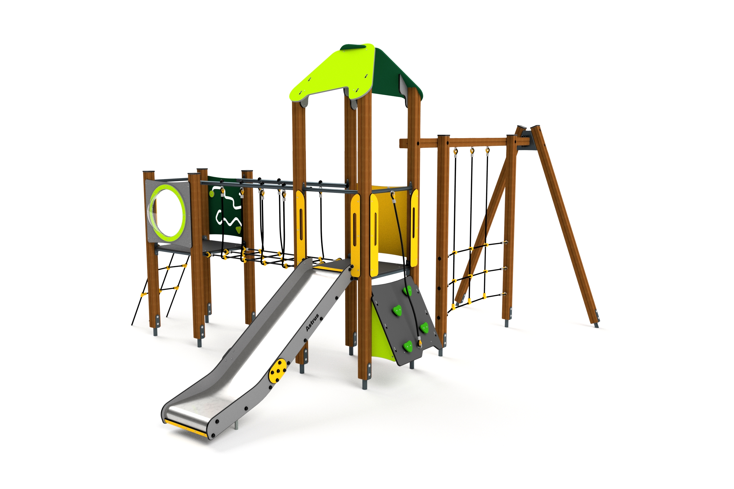 10048 Turm mit Kletternetzen, Balancierweg, Kletterwand, Spielwand und Rutsche Ansicht 2