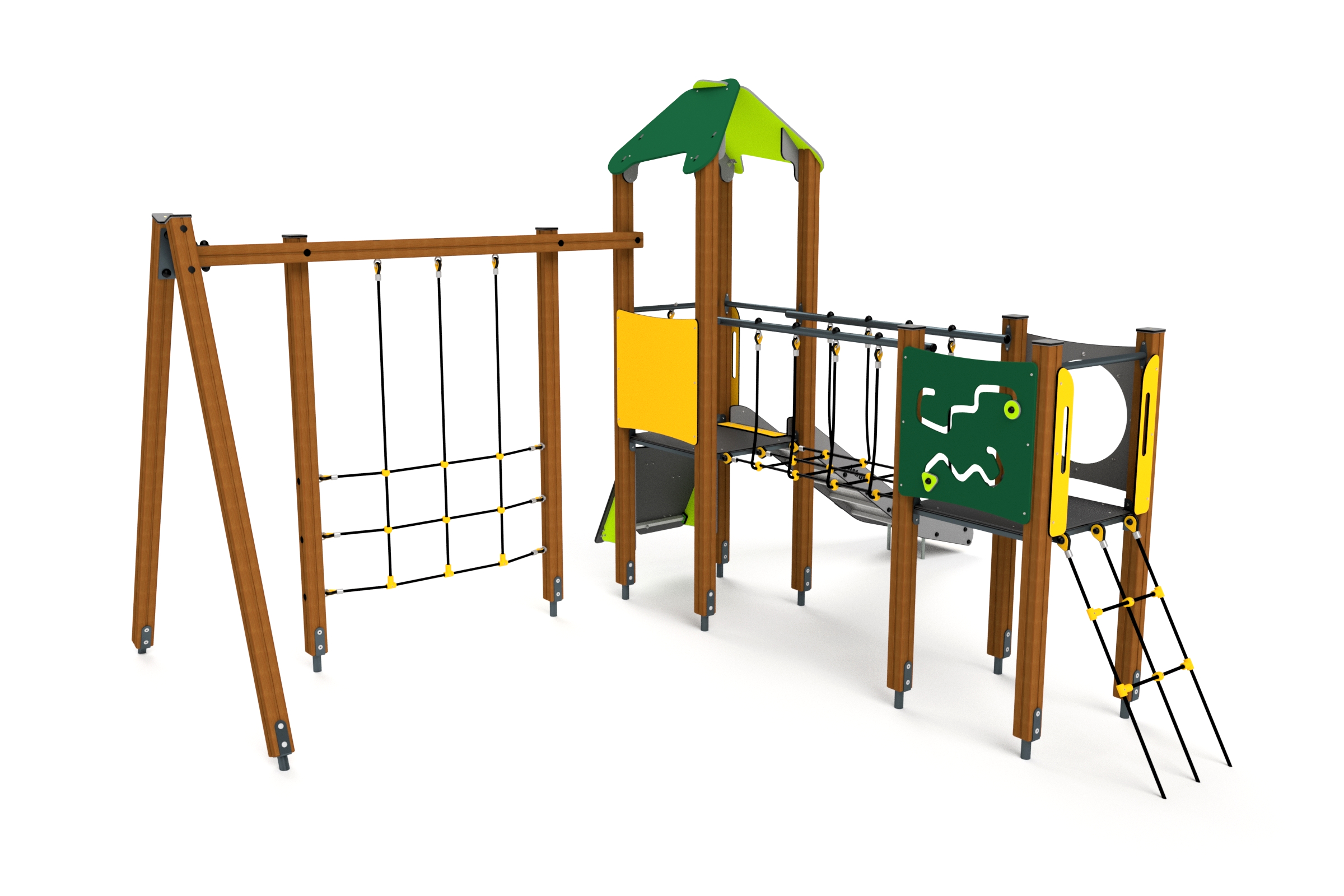 10048 Turm mit Kletternetzen, Balancierweg, Kletterwand, Spielwand und Rutsche Ansicht 3