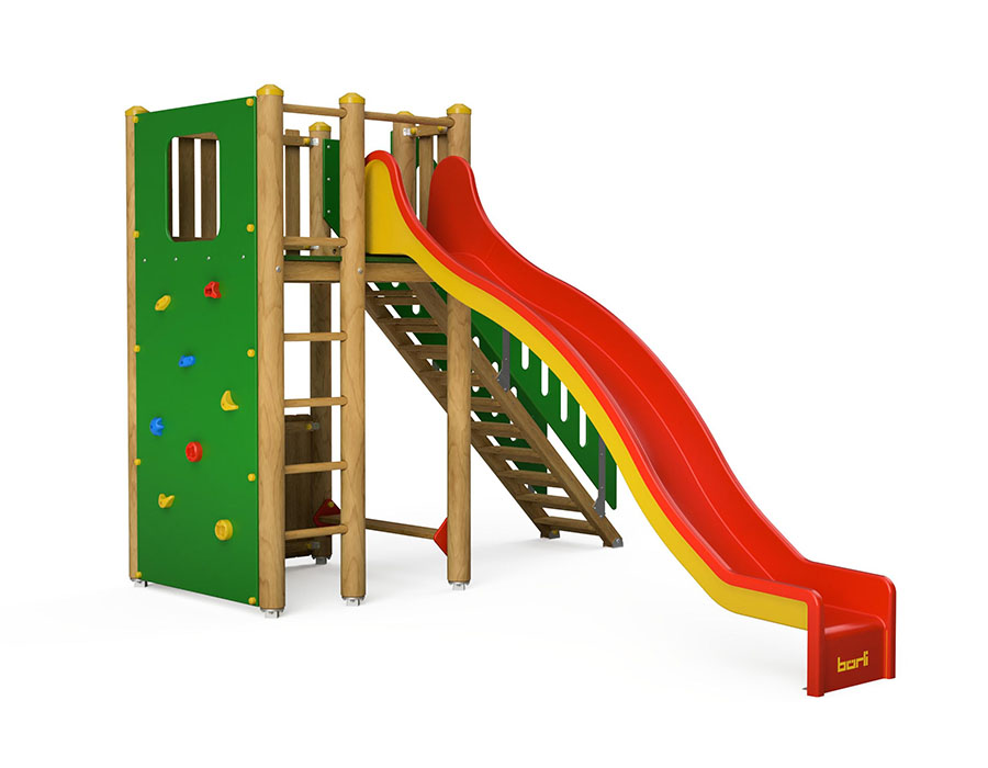 Spielturm-Kombination Rundholz, Podesthöhe 180 cm, Wellenrutsche, mit Bergsteigerwand Ansicht 2