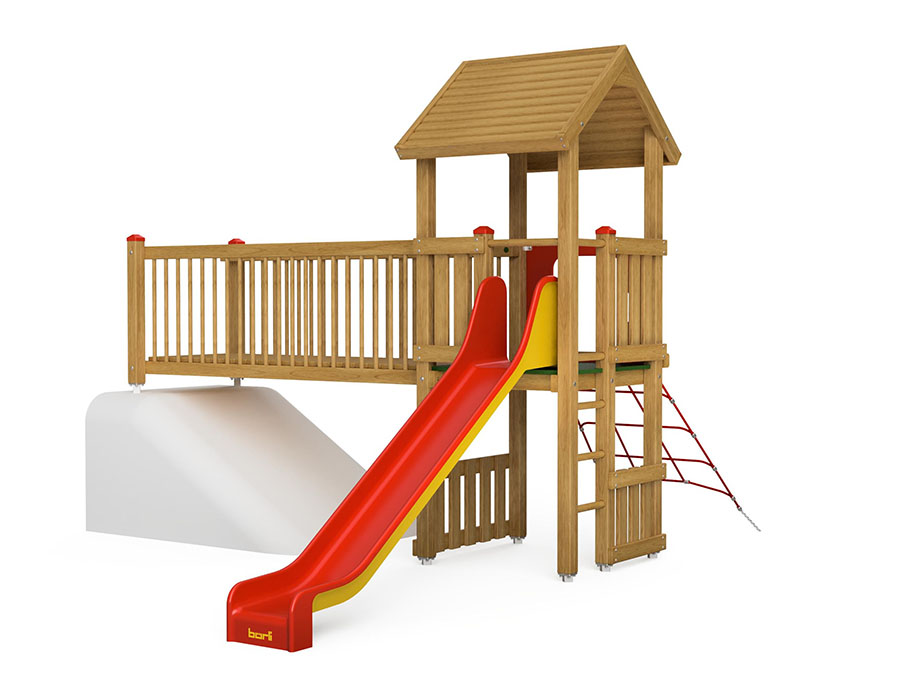 Spielturm-Kombination Eco, Podesthöhe 120 cm, Satteldach, Rutsche, mit Verbindungsbrücke und Kletternetz Ansicht 2