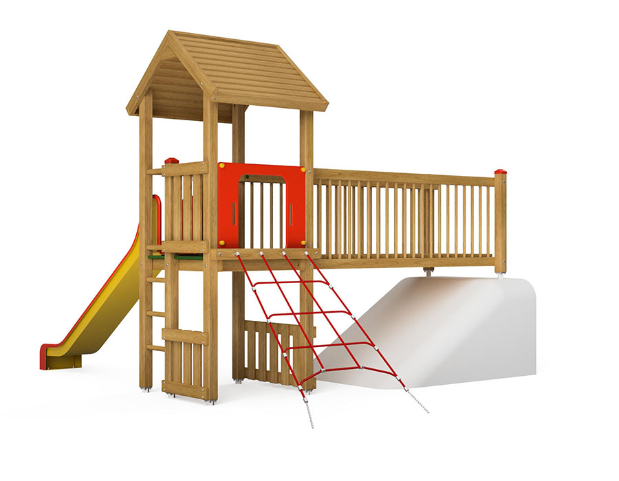 Spielturm-Kombination Eco, Podesthöhe 120 cm, Satteldach, Rutsche, mit Verbindungsbrücke und Kletternetz Ansicht 3