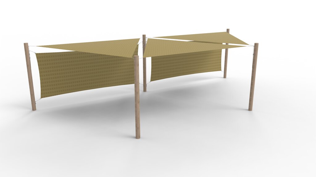 HDPE-Sonnensegel-System 3 Segel (3.6x3.6x3.6 m) + 5 Pfosten + 2 Windschutzwände Ansicht 2