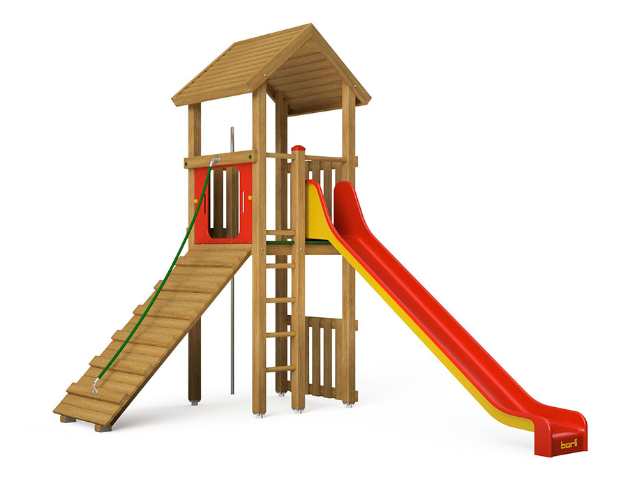 Spielturm-Kombination Eco, Podesthöhe 150 cm, Satteldach, Rutsche, mit Feuerwehrstange und Schrägaufstieg Ansicht 2