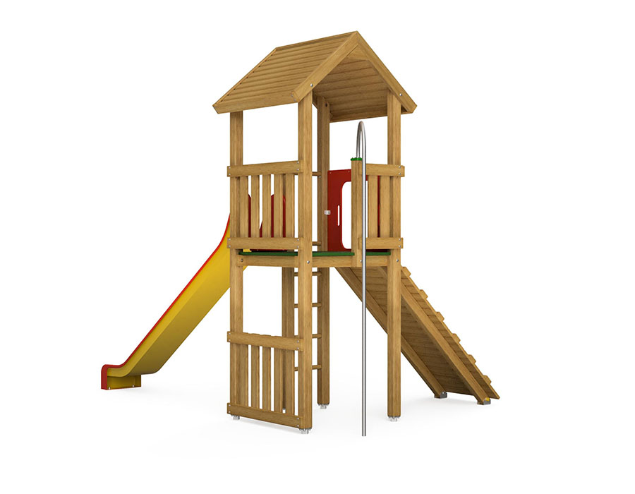 Spielturm-Kombination Eco, Podesthöhe 150 cm, Satteldach, Rutsche, mit Feuerwehrstange und Schrägaufstieg Ansicht 3