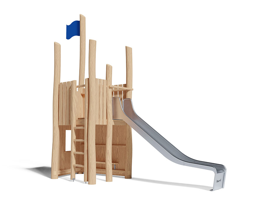 Spielturm-Kombination Robinie, Podesthöhe 150 cm, Rutsche Edelstahl, mit Bergsteigerwand Ansicht 2