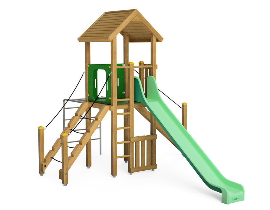 Spielturm-Kombination Eco, Podesthöhe 150 cm, Satteldach, Rutsche, mit Baumstammaufstieg und Metall-Hangelleiter Ansicht 2