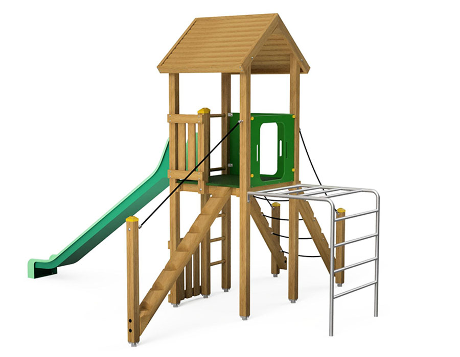 Spielturm-Kombination Eco, Podesthöhe 150 cm, Satteldach, Rutsche, mit Baumstammaufstieg und Metall-Hangelleiter Ansicht 3